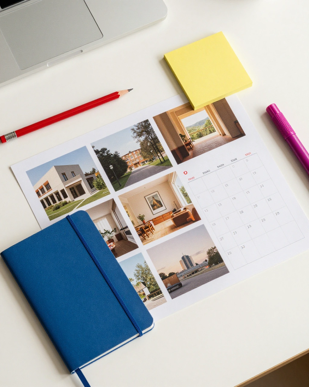 Calendrier créatif, photographies et accessoires colorés préparant une présence sociale