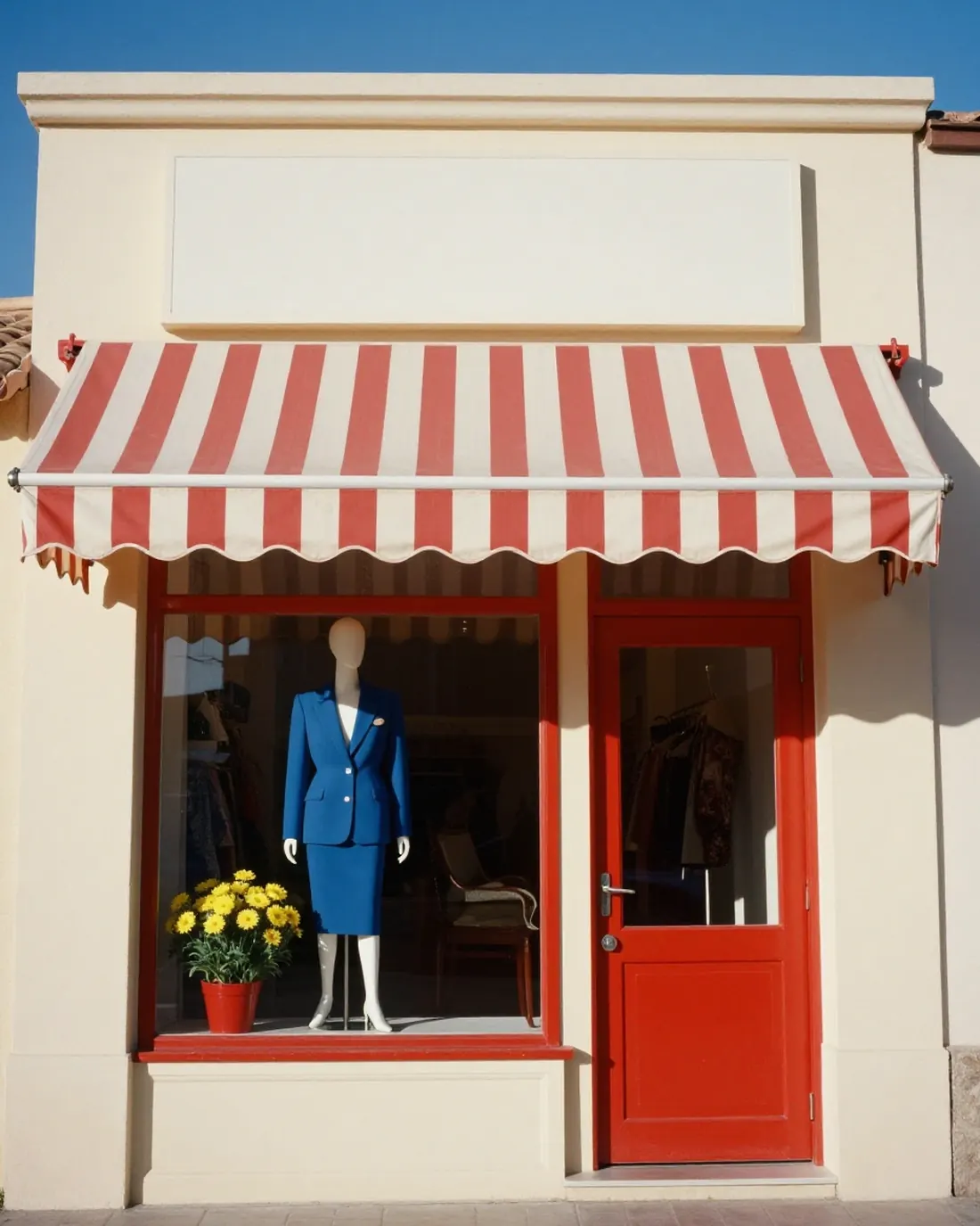 Une devanture de boutique au soleil : store rayé rouge, vitrine soignée. Le site est la devanture de l’entreprise