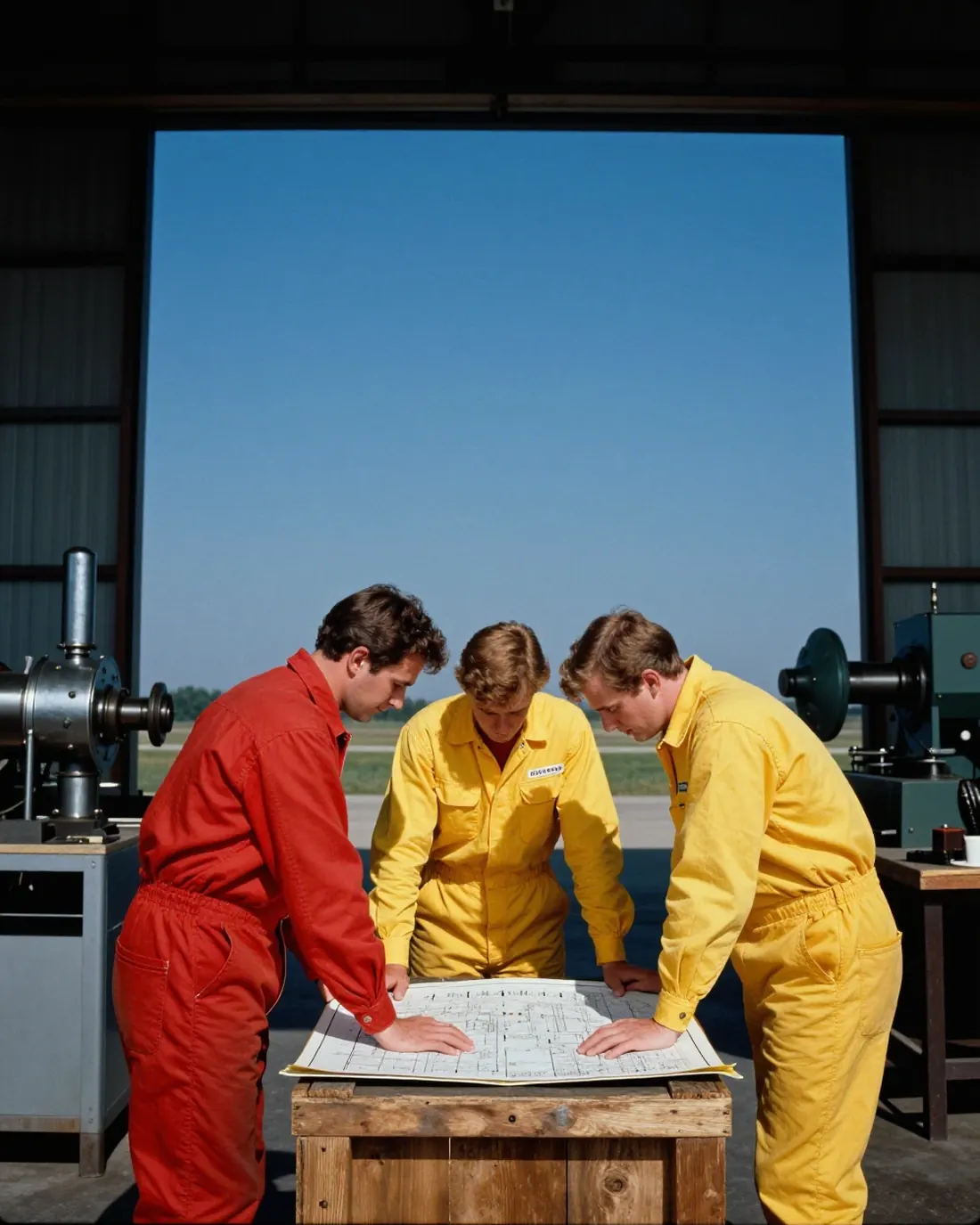 Trois personnes en combinaison de travail penchées sur un plan technique, dans un atelier ouvert sur le ciel